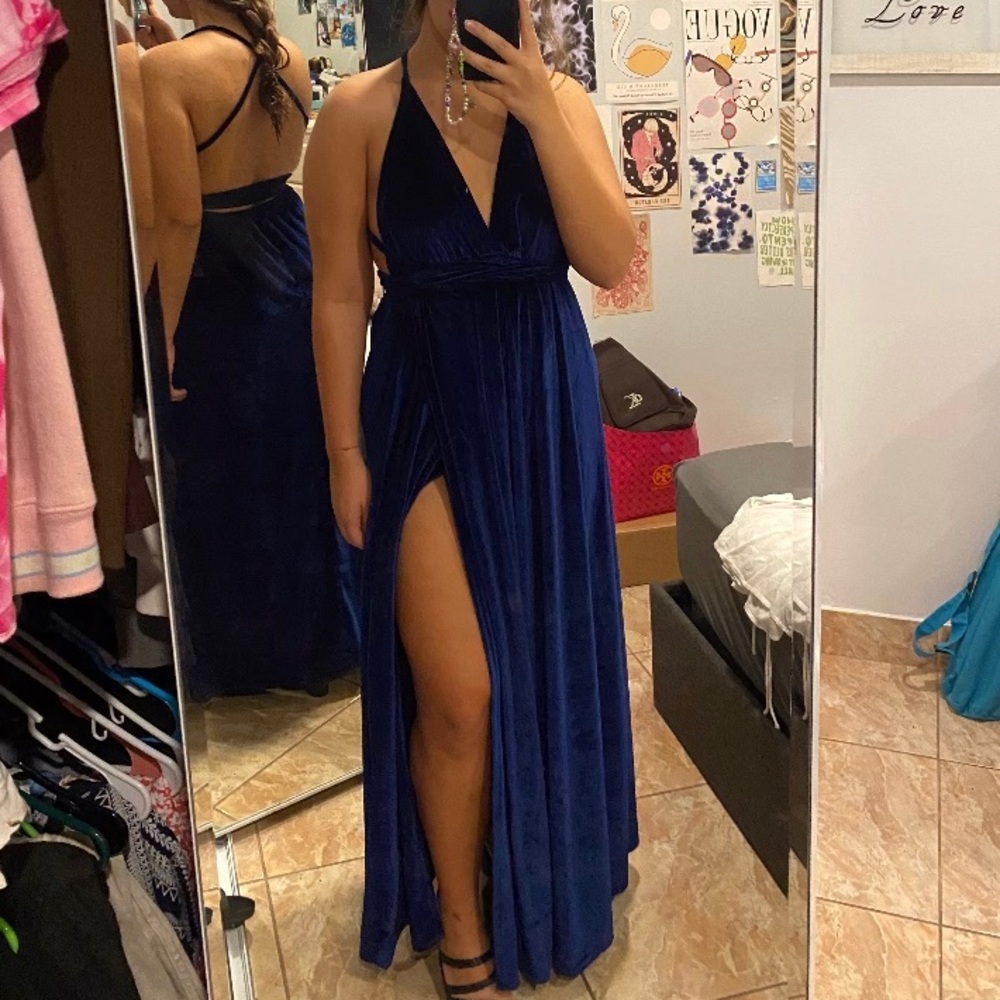 velvet wrap around v-neck blue dress